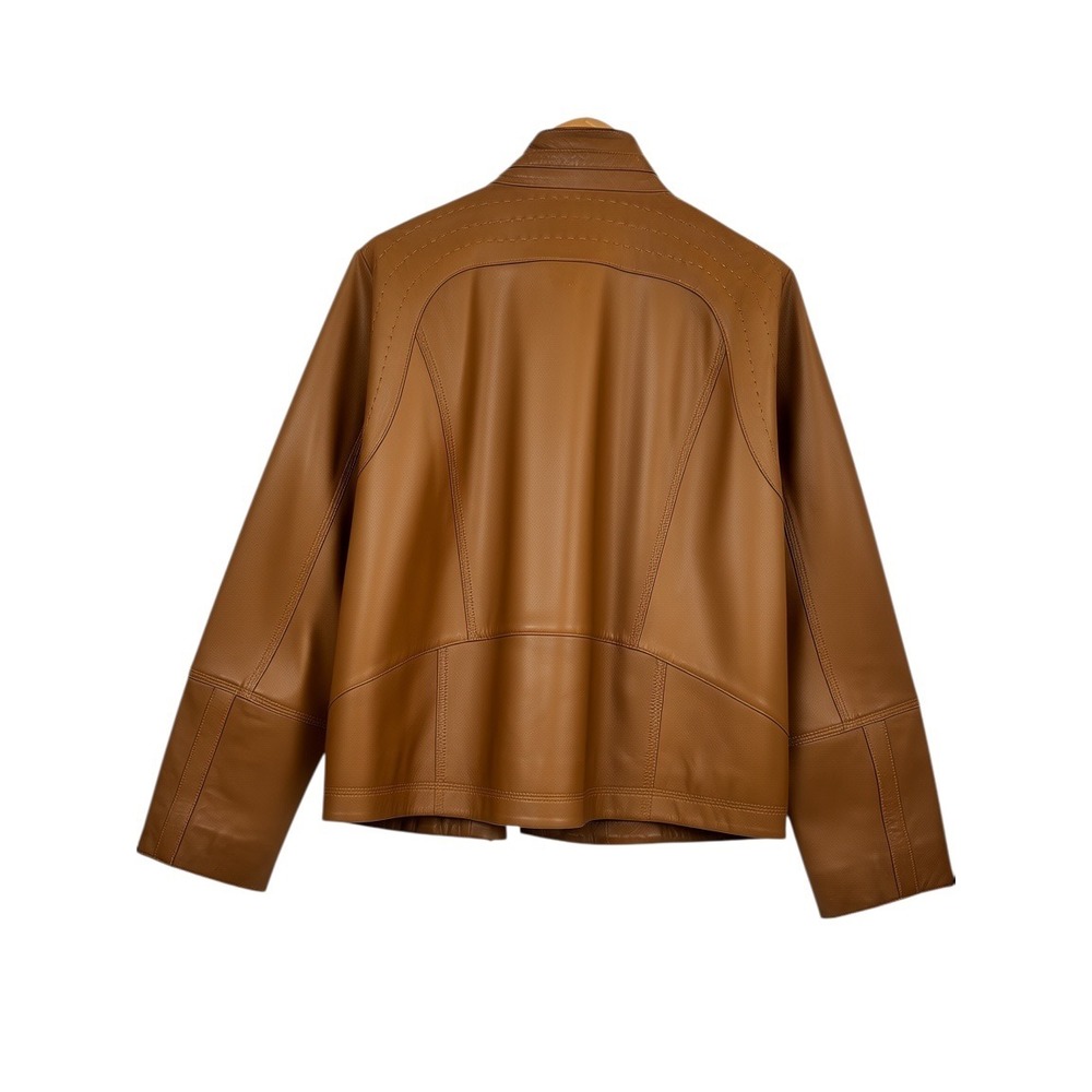 Quince Womens Leather Jacket Cognac Brown Stand Collar Full Zip Size XL - Picture 2 of 7